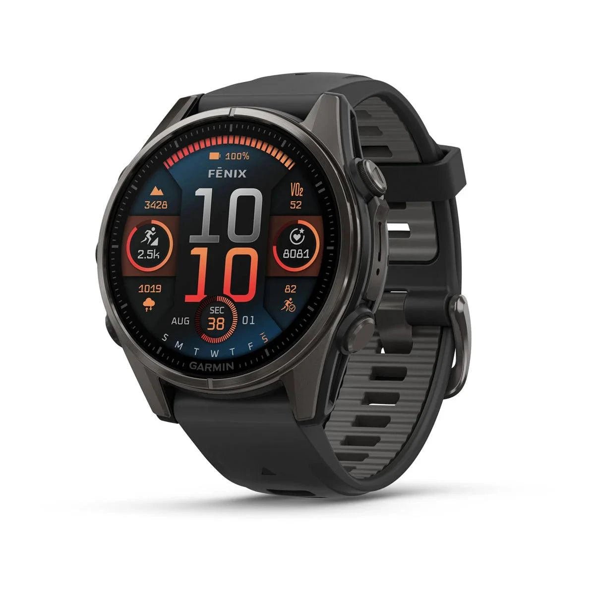fenix 8 – 43 mm, AMOLED Sapphire, Carbon Grey DLC Titanium with Black/Pebble Grey Silicone Band - Fitness New Zealand