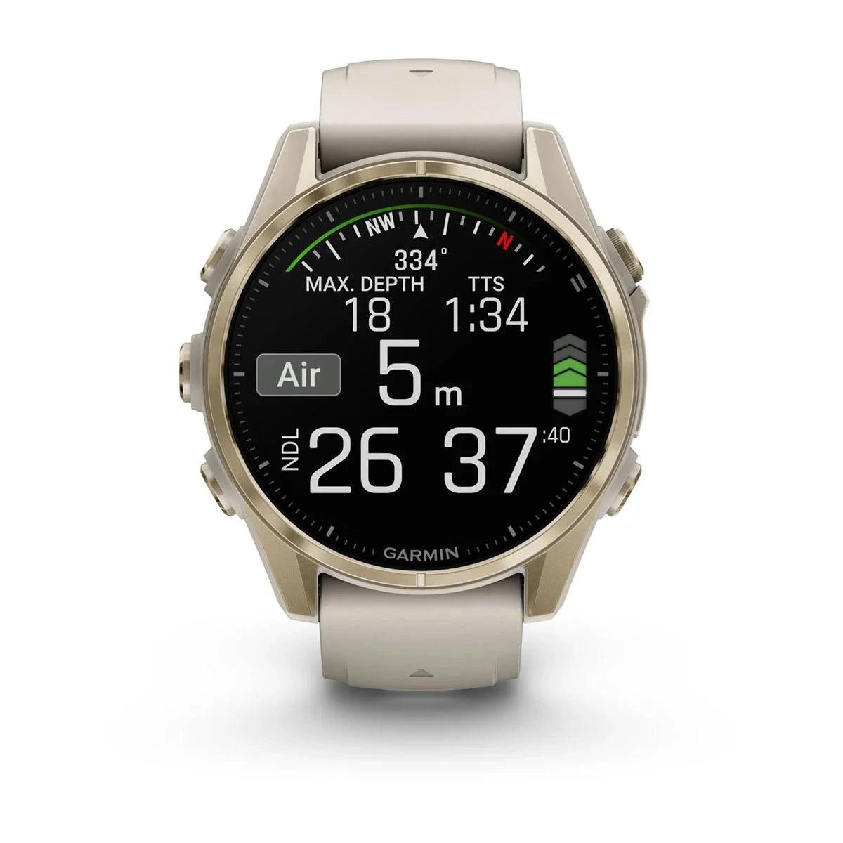 fenix 8 – 43 mm, AMOLED Sapphire, Soft Gold with Fog Grey/Dark Sandstone Silicone Band - Fitness New Zealand