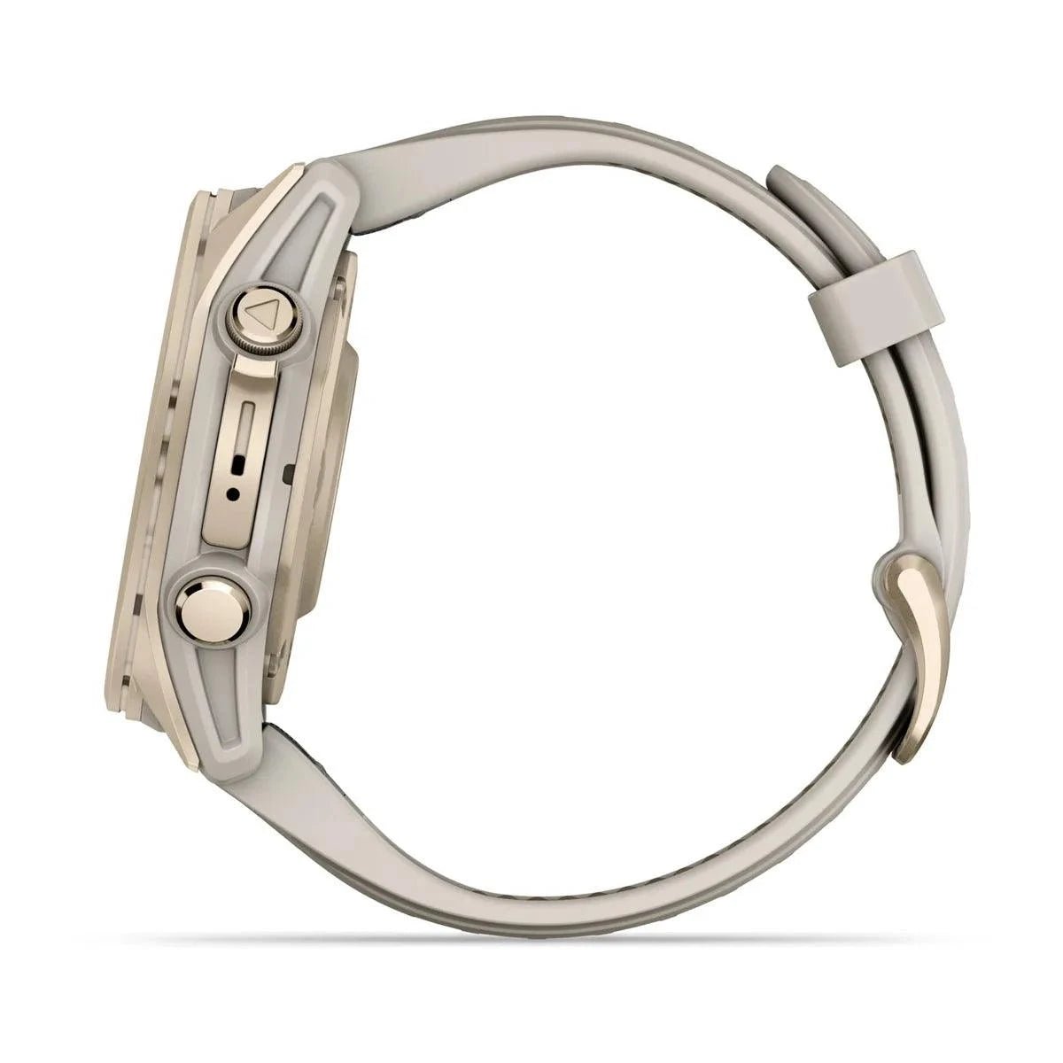 fenix 8 – 43 mm, AMOLED Sapphire, Soft Gold with Fog Grey/Dark Sandstone Silicone Band - Fitness New Zealand