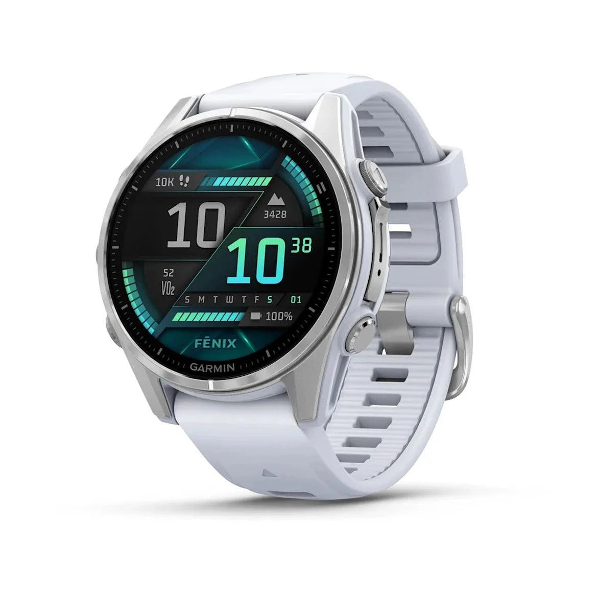 fenix 8 – 43 mm, AMOLED - Silver with Whitestone Silicone Band - Fitness New Zealand