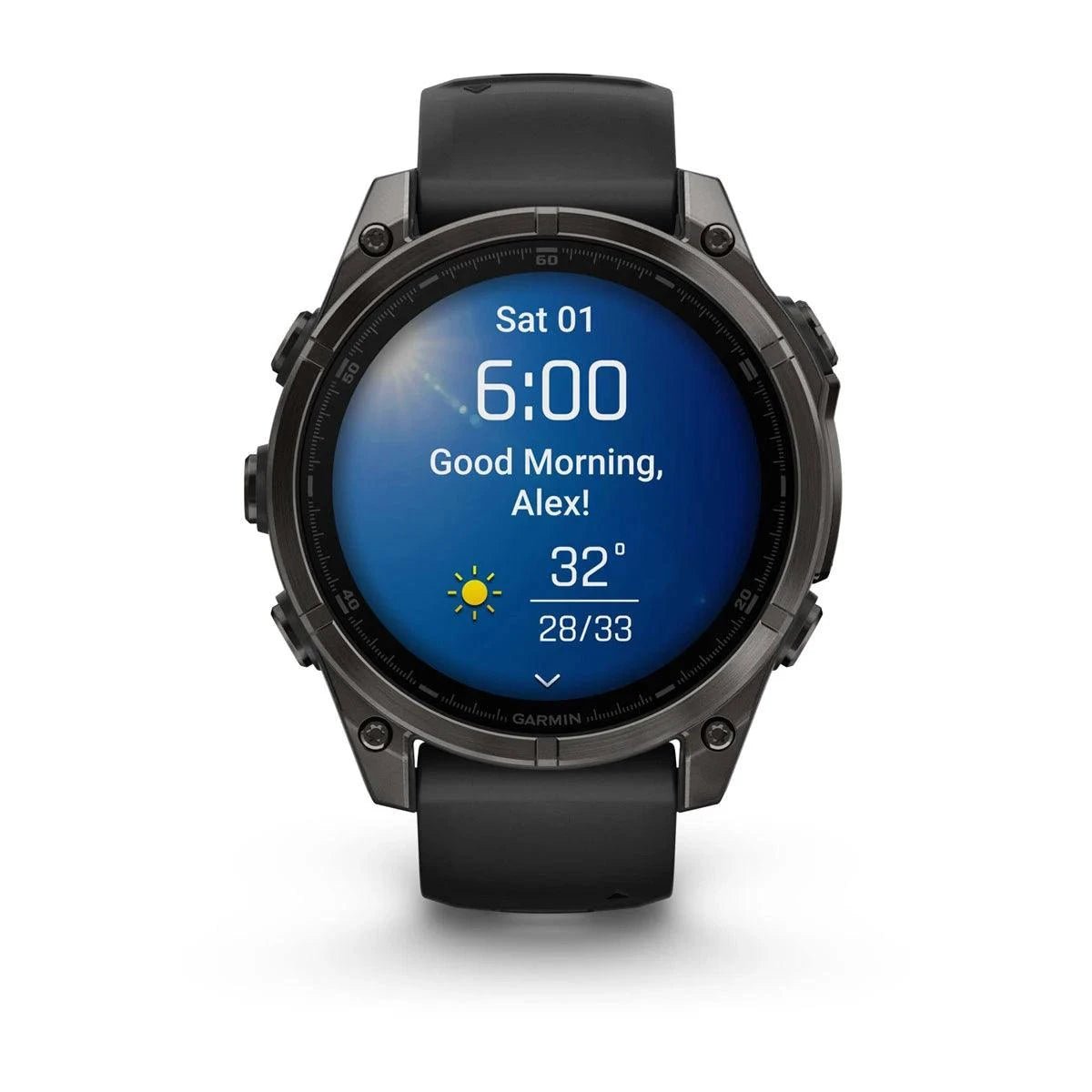 fenix 8 – 47 mm, AMOLED Sapphire, Carbon Grey DLC Titanium with Black/Pebble Grey Silicone Band - Fitness New Zealand