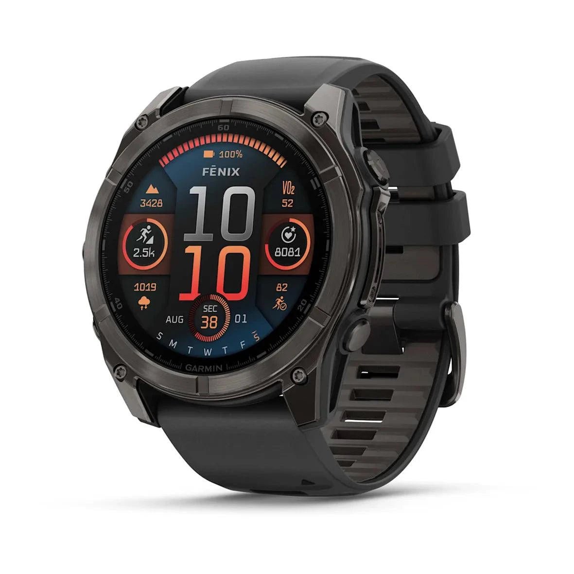 fenix 8 – 51 mm, AMOLED Sapphire, Carbon Grey DLC with Black/Pebble Grey Silicone Band - Fitness New Zealand