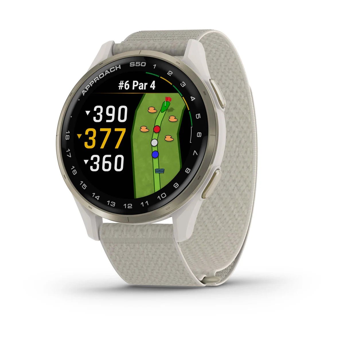 Garmin Approach S50 - Cream Gold Aluminium Bezel with Ivory ComfortFit Nylon Band - Fitness New Zealand