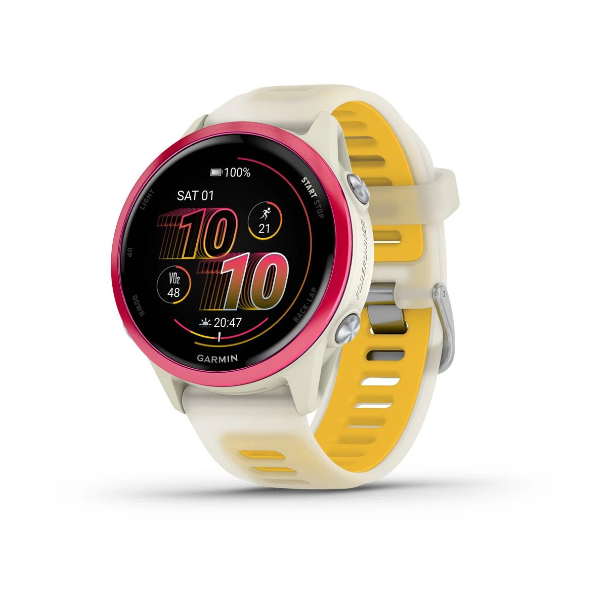 Garmin Forerunner 570 - 42mm Raspberry Aluminium with Translucent Bone/Mango Band - Fitness New Zealand