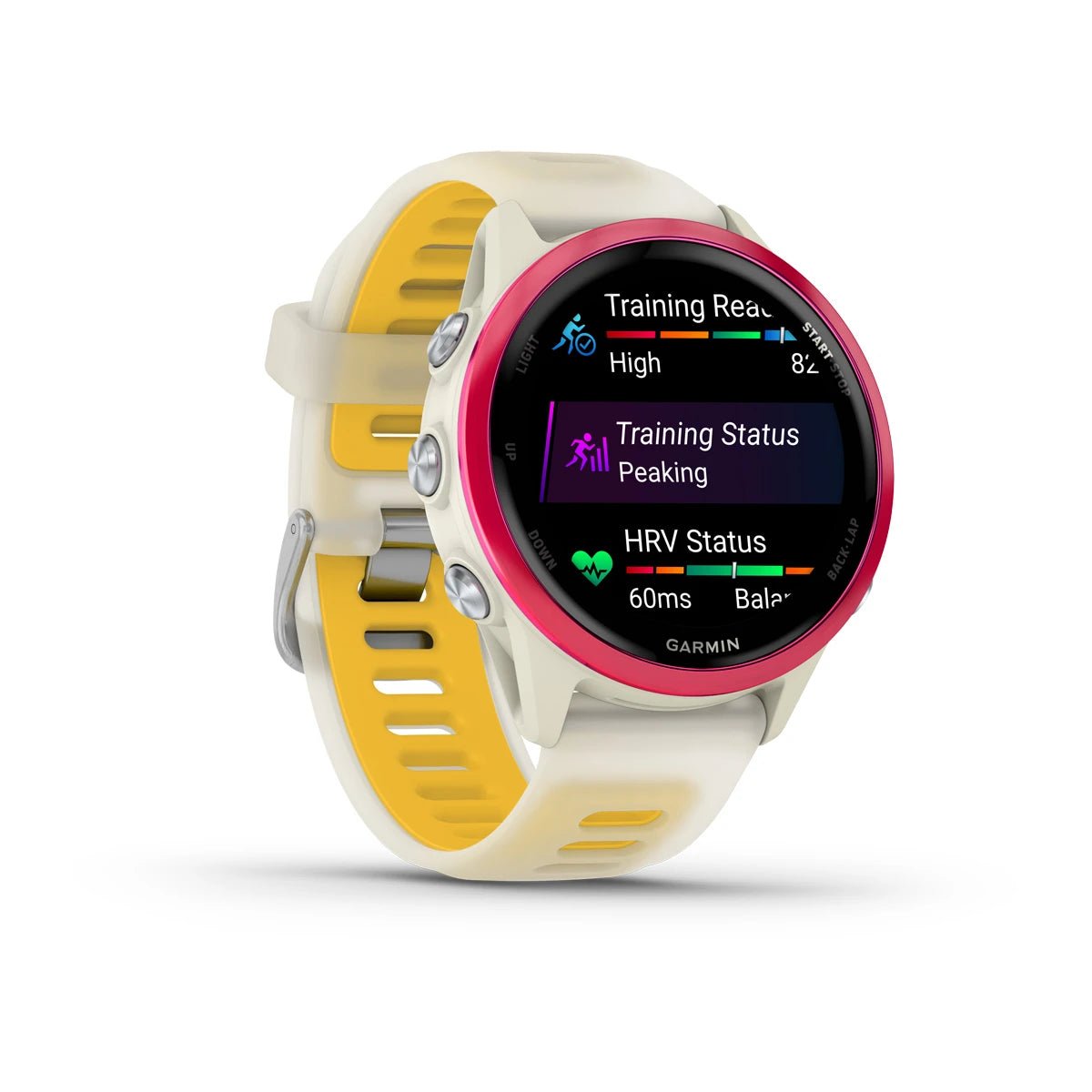 Garmin Forerunner 570 - 42mm Raspberry Aluminium with Translucent Bone/Mango Band - Fitness New Zealand