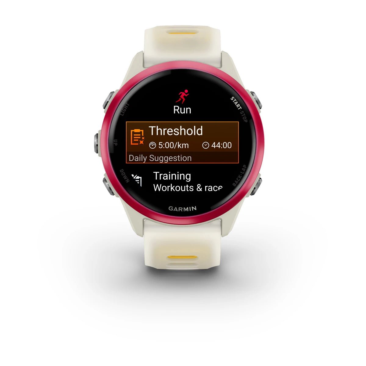 Garmin Forerunner 570 - 42mm Raspberry Aluminium with Translucent Bone/Mango Band - Fitness New Zealand