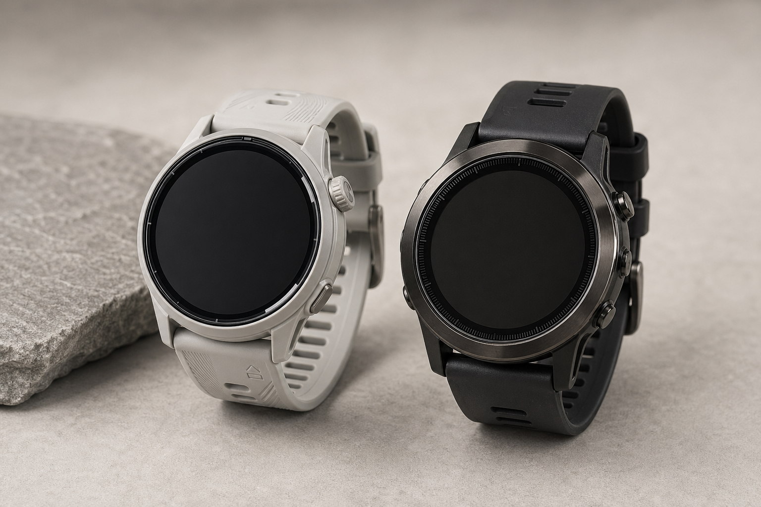 Two running watches placed side by side on a neutral surface.
