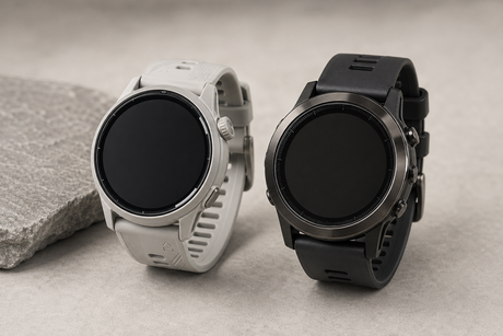 Two running watches placed side by side on a neutral surface.