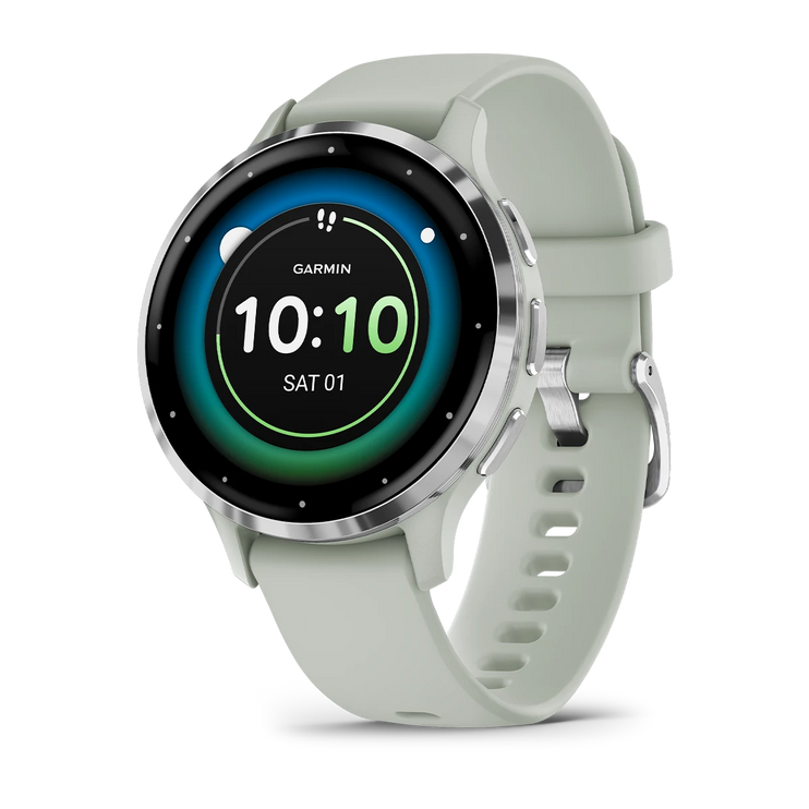 Garmin Venu 3S, Silver Stainless Steel Bezel with Sage Grey Case and Silicone Band