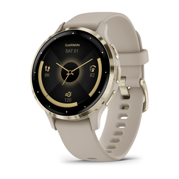 Garmin Venu 3S, Soft Gold Stainless Steel Bezel with French Grey Case and Silicone Band