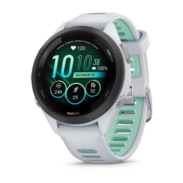 Garmin Forerunner 265S Multisport GPS Smartwatch – Black Bezel with Whitestone/Neo Tropic Silicone Band