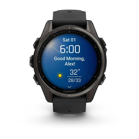 fenix 8 – 43 mm, AMOLED Sapphire, Carbon Grey DLC Titanium with Black/Pebble Grey Silicone Band - Fitness New Zealand