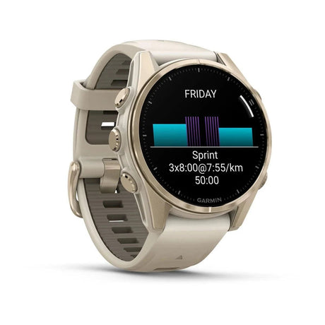 fenix 8 – 43 mm, AMOLED Sapphire, Soft Gold with Fog Grey/Dark Sandstone Silicone Band - Fitness New Zealand