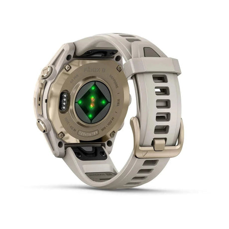 fenix 8 – 43 mm, AMOLED Sapphire, Soft Gold with Fog Grey/Dark Sandstone Silicone Band - Fitness New Zealand