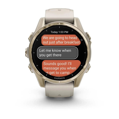 fenix 8 – 43 mm, AMOLED Sapphire, Soft Gold with Fog Grey/Dark Sandstone Silicone Band - Fitness New Zealand