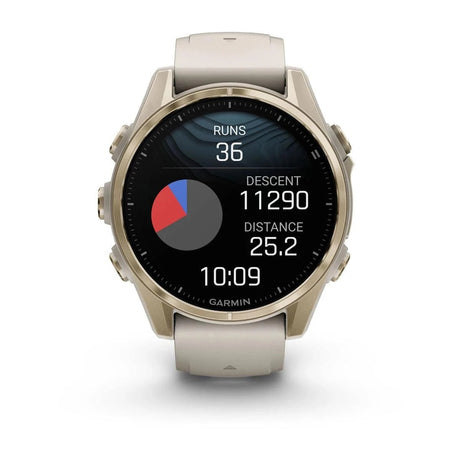 fenix 8 – 43 mm, AMOLED Sapphire, Soft Gold with Fog Grey/Dark Sandstone Silicone Band - Fitness New Zealand