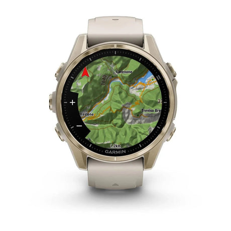 fenix 8 – 43 mm, AMOLED Sapphire, Soft Gold with Fog Grey/Dark Sandstone Silicone Band - Fitness New Zealand