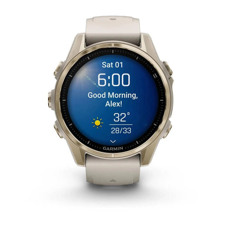 fenix 8 – 43 mm, AMOLED Sapphire, Soft Gold with Fog Grey/Dark Sandstone Silicone Band - Fitness New Zealand