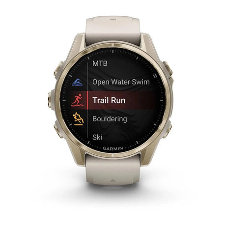 fenix 8 – 43 mm, AMOLED Sapphire, Soft Gold with Fog Grey/Dark Sandstone Silicone Band - Fitness New Zealand