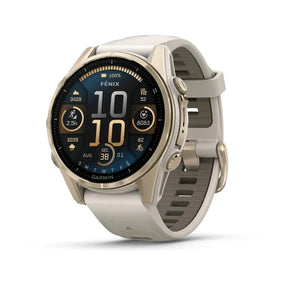 fenix 8 – 43 mm, AMOLED Sapphire, Soft Gold with Fog Grey/Dark Sandstone Silicone Band - Fitness New Zealand