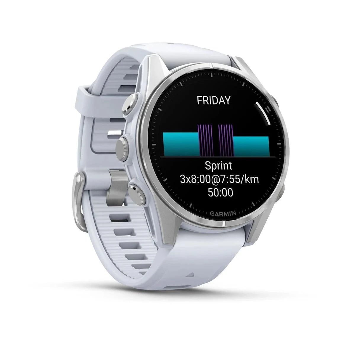 fenix 8 – 43 mm, AMOLED - Silver with Whitestone Silicone Band - Fitness New Zealand