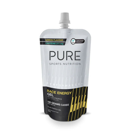 PURE Performance + Race Energy Gel 100 g Carb Pouch - Lemon + Caffeine - Fitness New Zealand